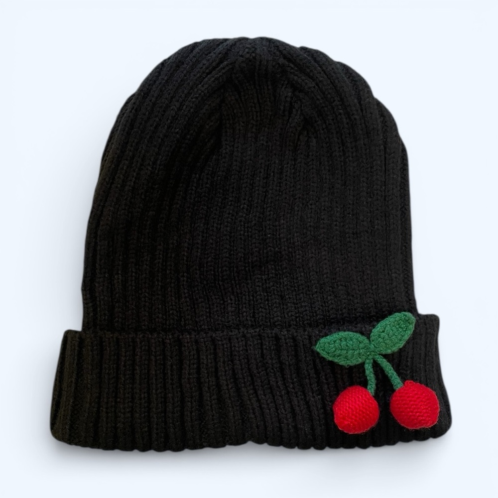 Black Knit Beanie with Cherries / Winter Hat